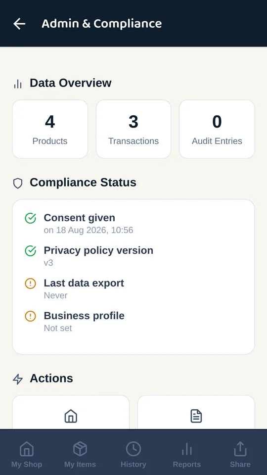 Admin and Compliance screen with data overview and consent, privacy policy and export status