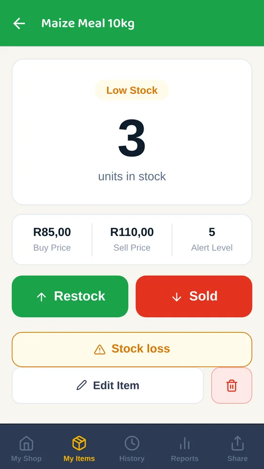 Item detail with buy and sell price, alert level, and Restock, Sold and Stock loss buttons