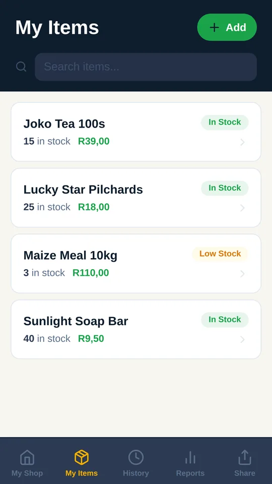 Item list with search, quantities, prices and stock status badges