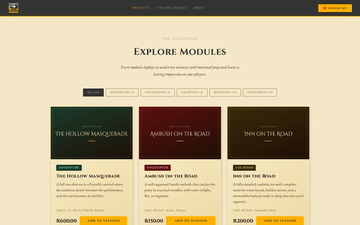 Catalogue of modules filtered by type, each with a description, level range and rand price