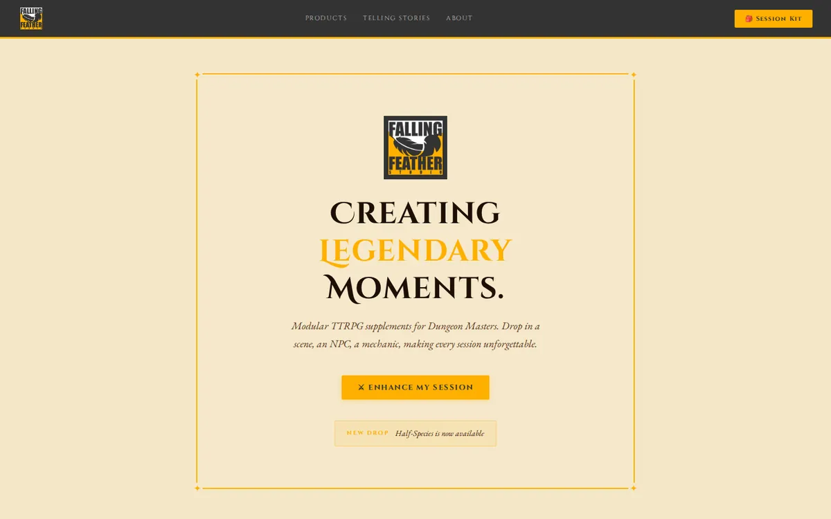 Falling Feather Studio homepage with the headline Creating Legendary Moments