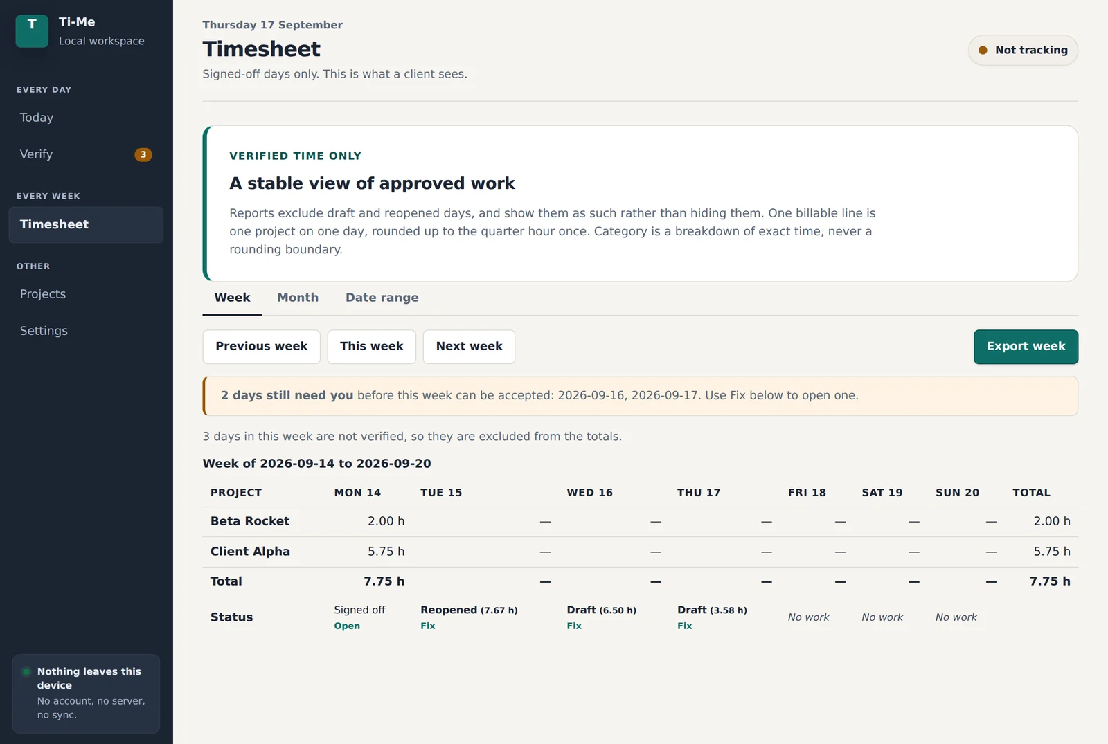 Ti-Me Timesheet screen: a week of billable hours by project, with signed-off, reopened and draft days labelled
