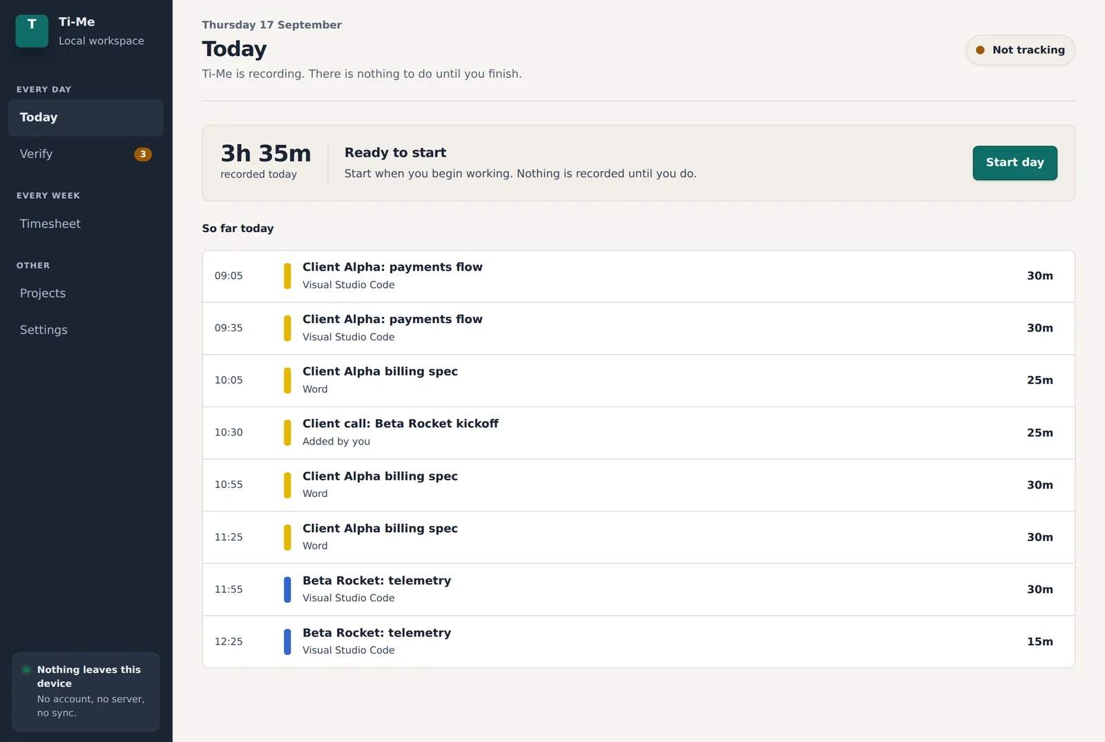 Ti-Me Today screen: time recorded so far today, listed as blocks by application